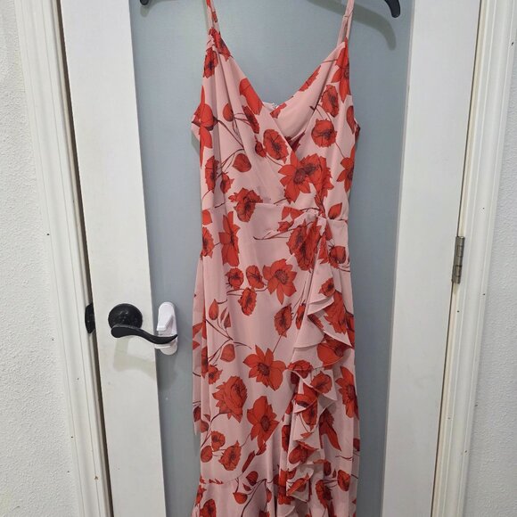 Eliza J Pink Floral Faux Wrap Midi Dress Size 6 Adjustable Straps Double Lined - Picture 1 of 10